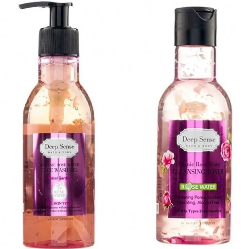 پک ژل شستشو صورت  با رایحه گلاب 250 میل و تونر پاک کننده پوست حساس دیپ سنس